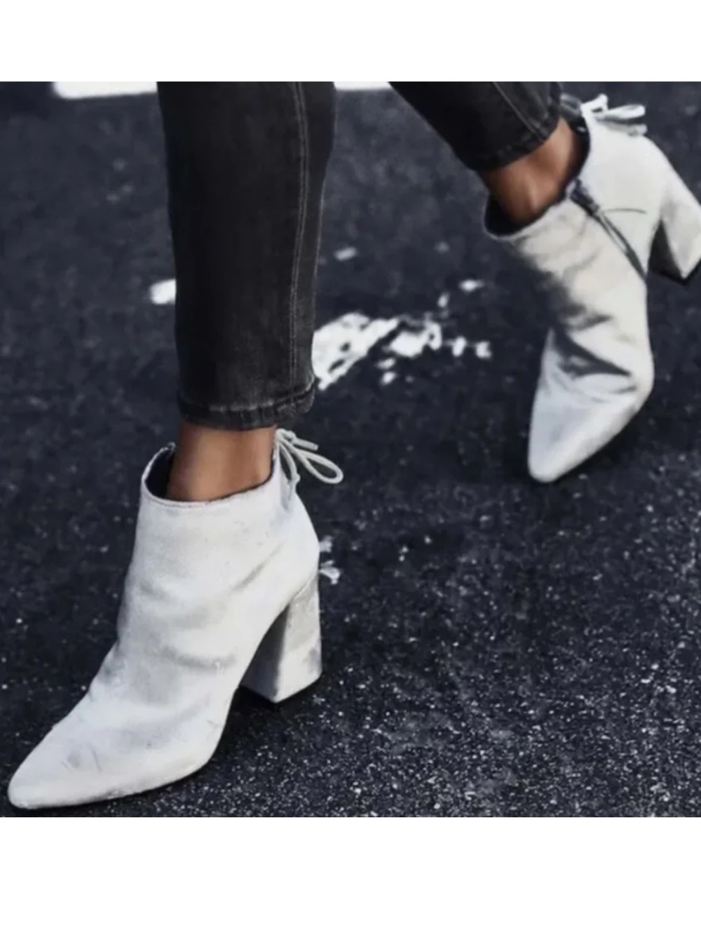 Stuart Weitzman White Suede Pointed Toe Block Heel Ankle Boots